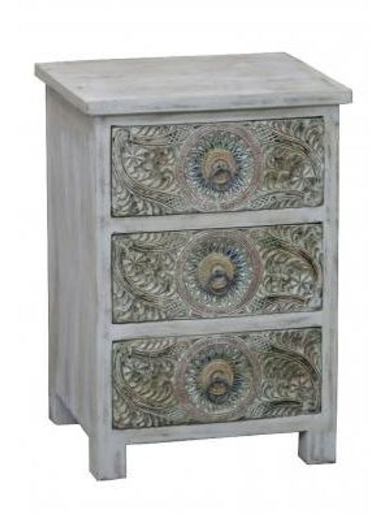 Rewa Hand Painted Carved 3 Drawer Bedside Cabinet
