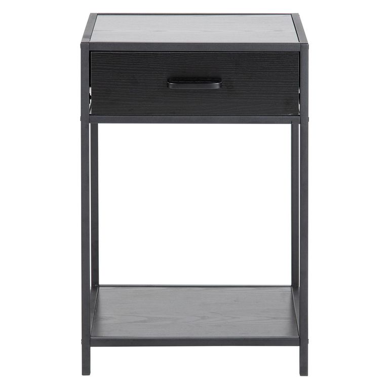 Seaford Bedside Table - 1 Drawer - Black Melamine and Metal