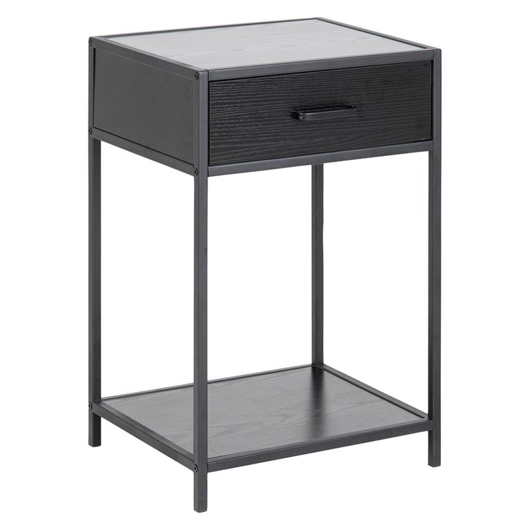 Seaford Bedside Table - 1 Drawer - Black Melamine and Metal