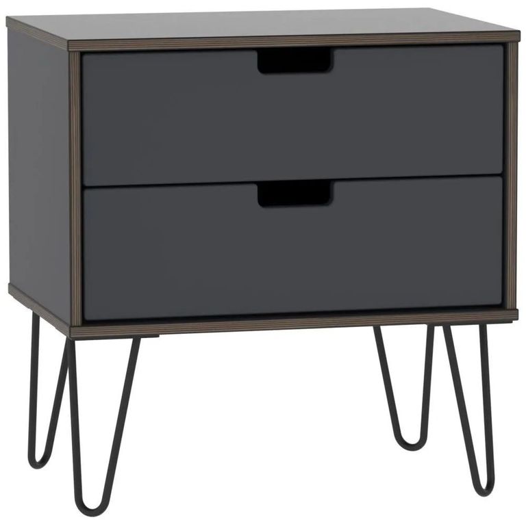 Shanghai Graphite 2 Drawer Wide Bedside Cabinet with Hairpin Legs