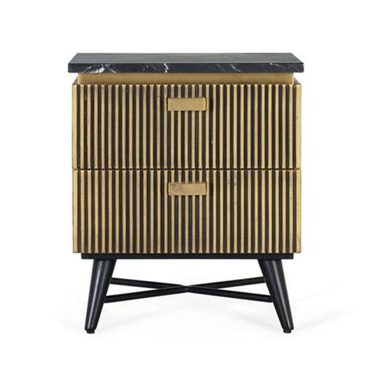 Stephen Bedside Cabinet - Ribbed Brass - 2 Drawer - Black Marble Top
