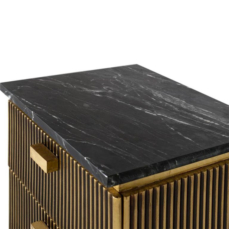 Stephen Bedside Cabinet - Ribbed Brass - 2 Drawer - Black Marble Top