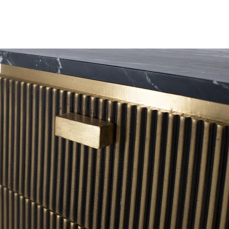 Stephen Bedside Cabinet - Ribbed Brass - 2 Drawer - Black Marble Top