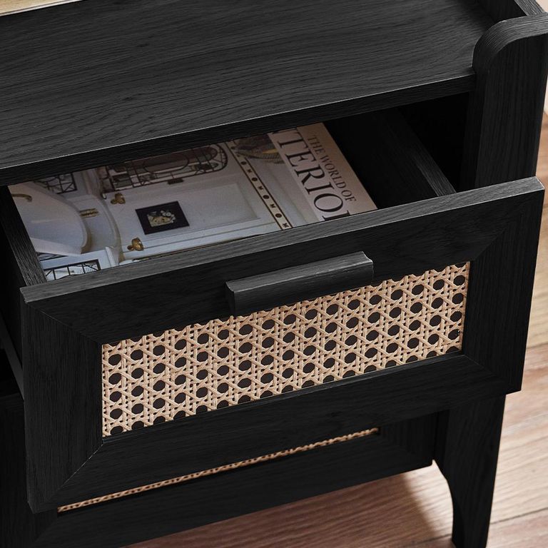 Sydney Bedside Cabinet - 2 Drawer - Black and Faux Rattan