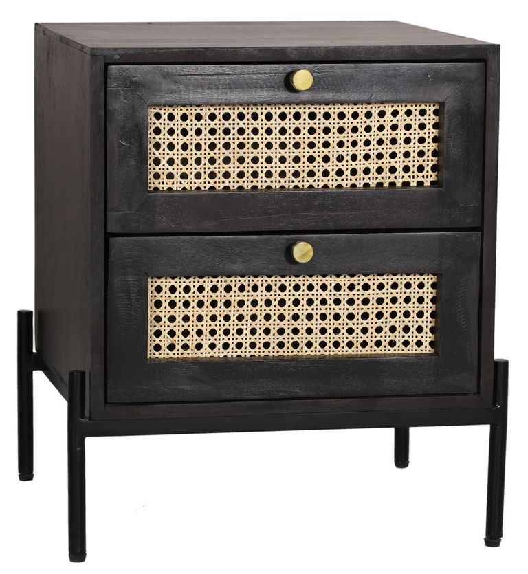 Tapola Black Wood and Rattan 2 Drawer Bedside Cabinet