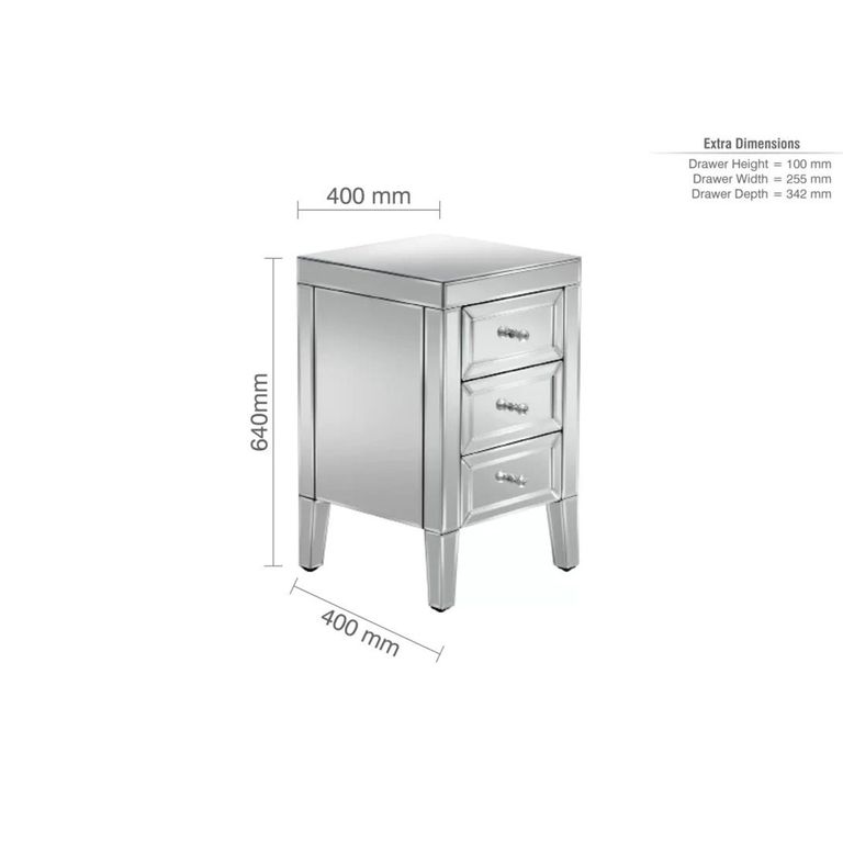 Valencia Bedside Cabinet - 3 Drawer - Mirrored