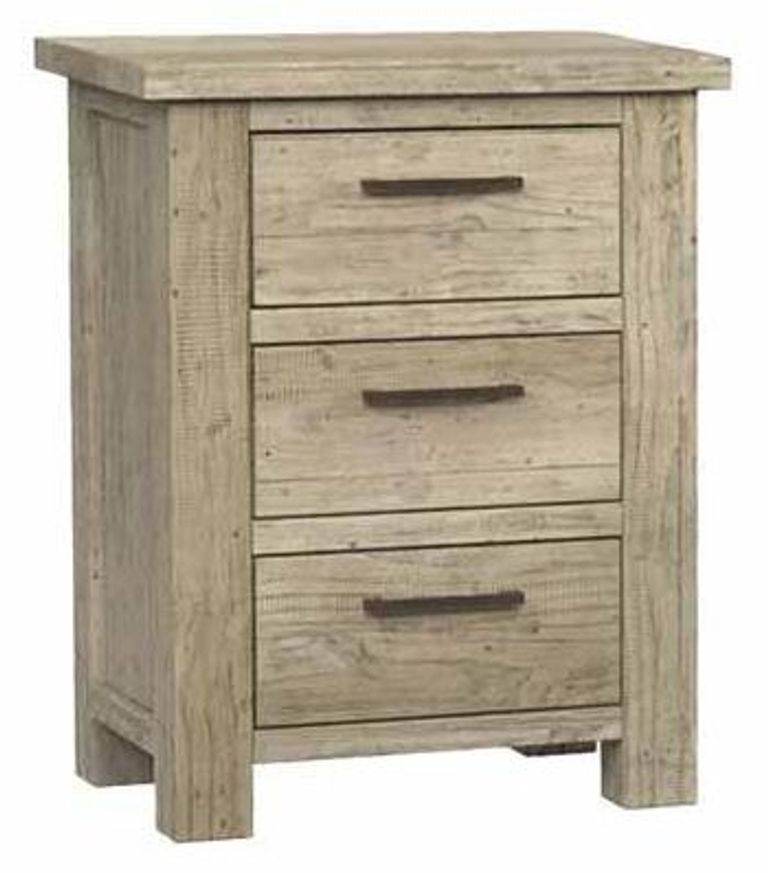 Washed Grey Reclaimed Pine 3 Drawer Bedside Cabinet