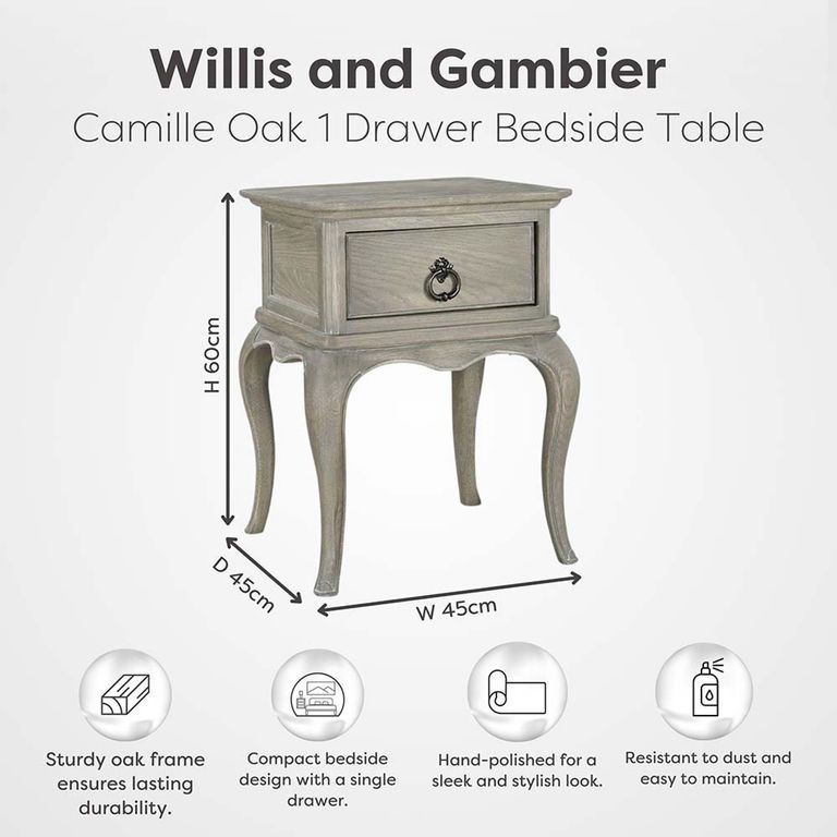 Camille Bedside Table - 1 Drawer - Grey Oak