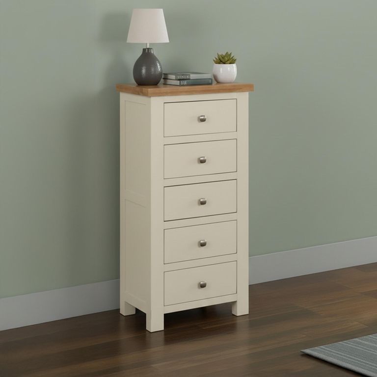 Lundy Narrow Chest - 5 Drawer - Ivory Painted