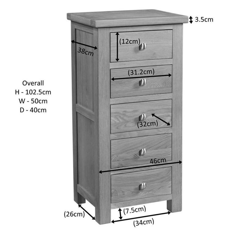 Original Narrow Chest - 5 Drawer - Rustic Oak
