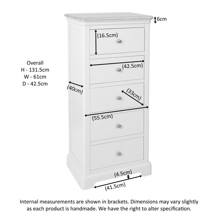 Cromwell Narrow Chest - 5 Drawer - White Painted