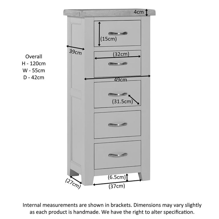 Wilmont Narrow Chest - 5 Drawer - Grey Painted