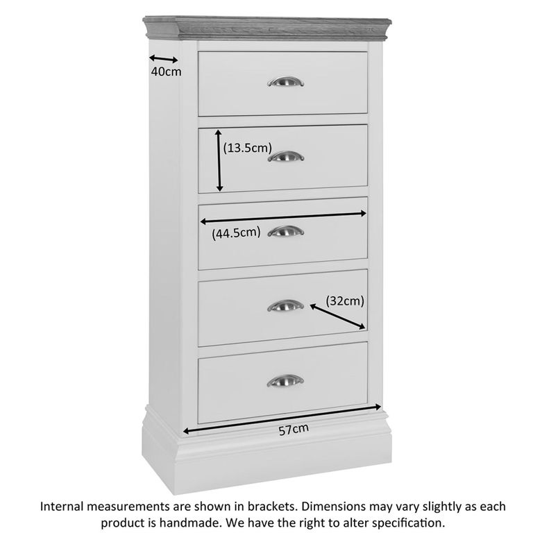 Versailles Narrow Chest - 5 Drawer - Ivory Painted