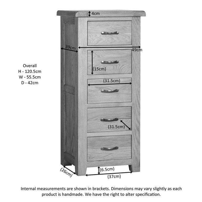Somer Narrow Chest - 5 Drawer - Oak