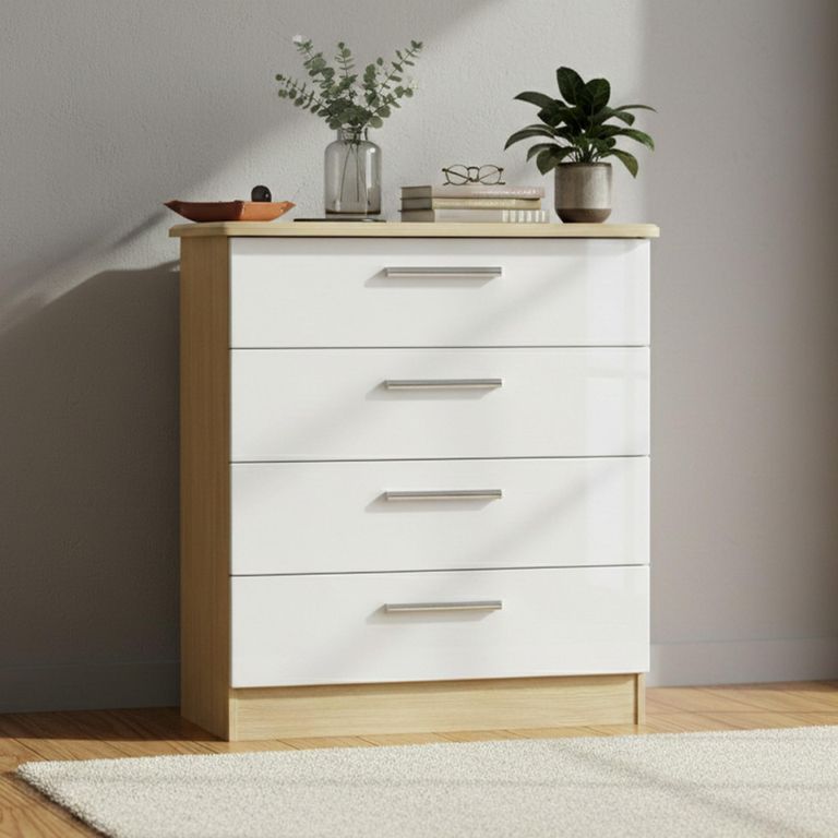 Knightsbridge White Gloss White and Light Oak 4 Drawer Chest