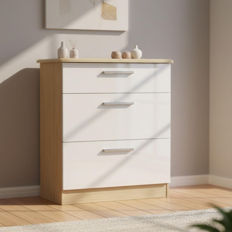 Knightsbridge White Gloss and Light Oak 3 Drawer Deep Chest