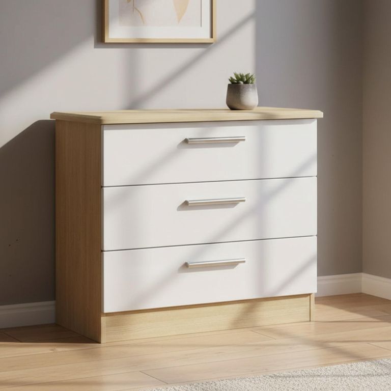 Knightsbridge White Gloss and Light Oak 3 Drawer Small Chest