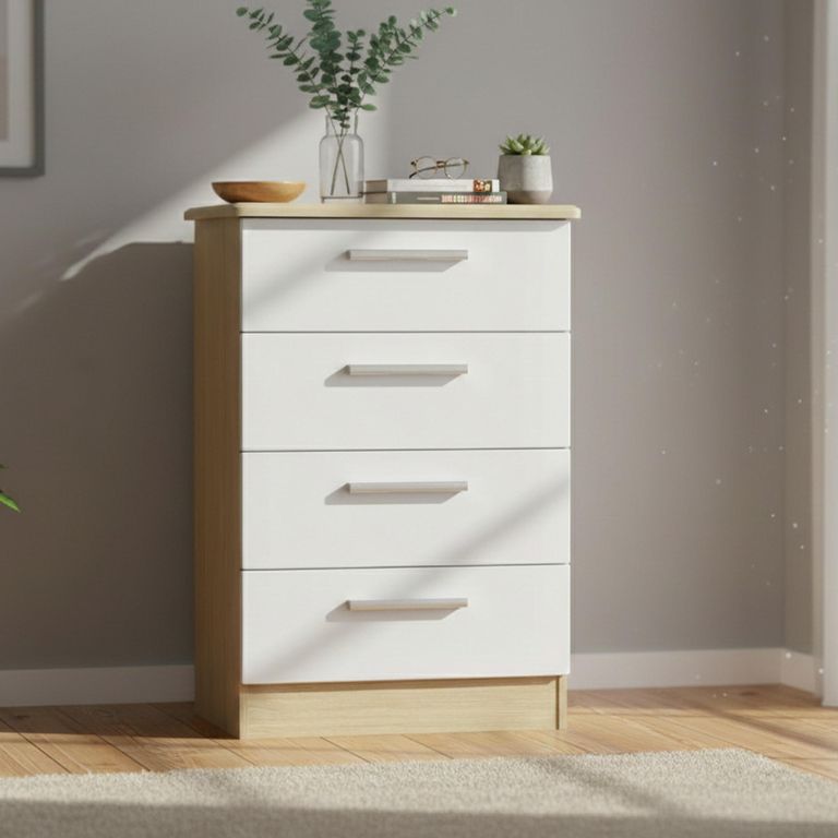 Knightsbridge White Gloss and Light Oak 4 Drawer Midi Chest