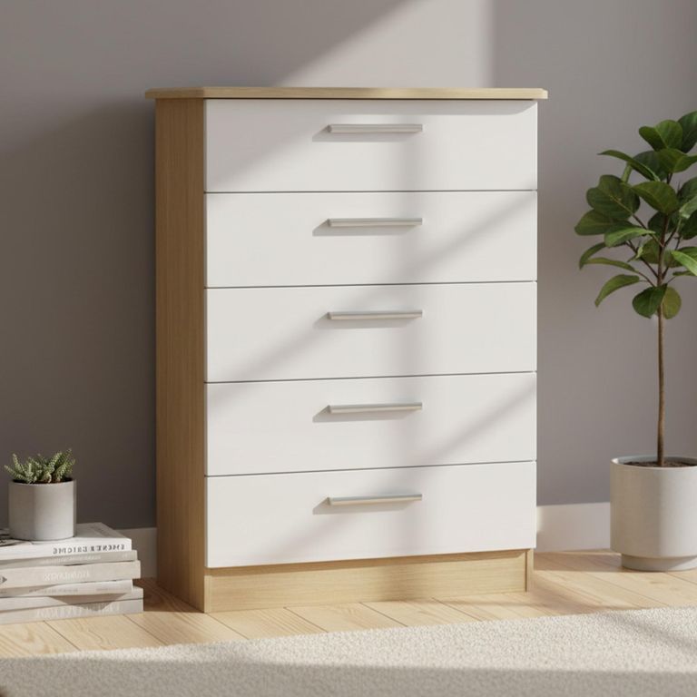 Knightsbridge White Gloss and Light Oak 5 Drawer Chest