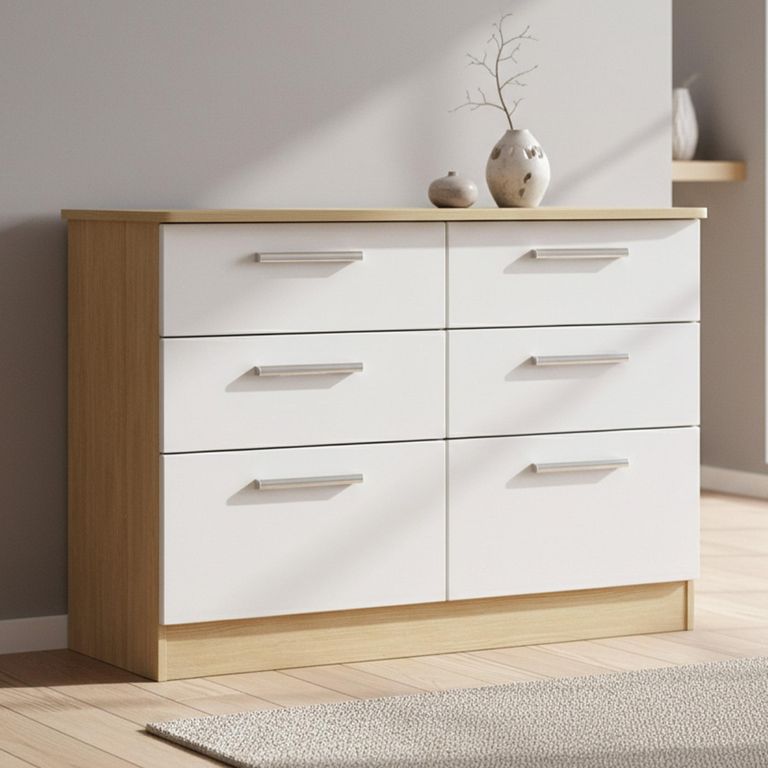 Knightsbridge White Gloss and Light Oak 6 Drawer Midi Chest