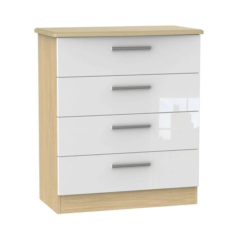 Knightsbridge White Gloss White and Light Oak 4 Drawer Chest