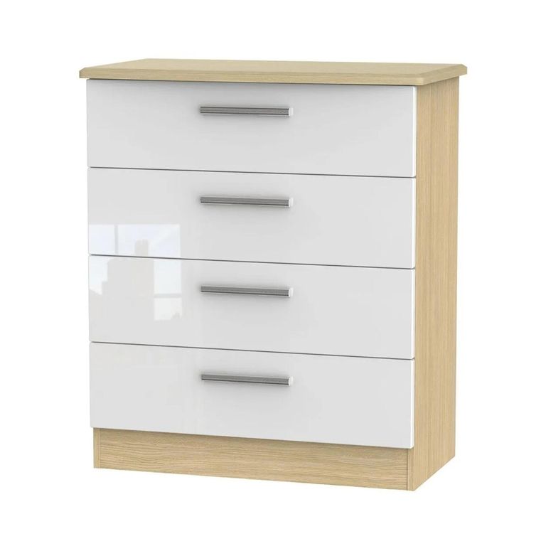 Knightsbridge White Gloss White and Light Oak 4 Drawer Chest