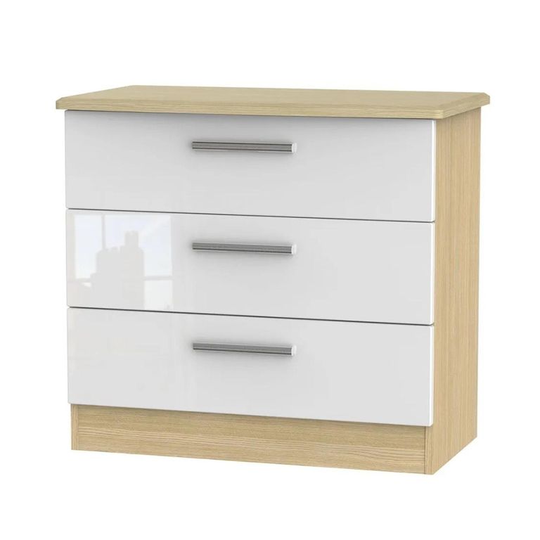 Knightsbridge White Gloss and Light Oak 3 Drawer Small Chest