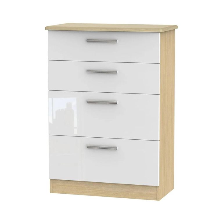 Knightsbridge White Gloss and Light Oak 4 Drawer Deep Chest