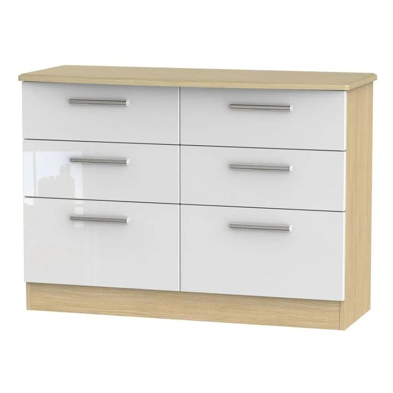 Knightsbridge White Gloss and Light Oak 6 Drawer Midi Chest