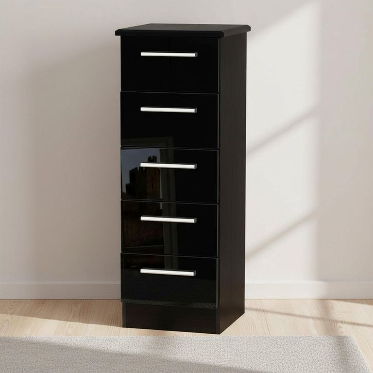Knightsbridge Narrow Chest - 5 Drawer - Black Gloss