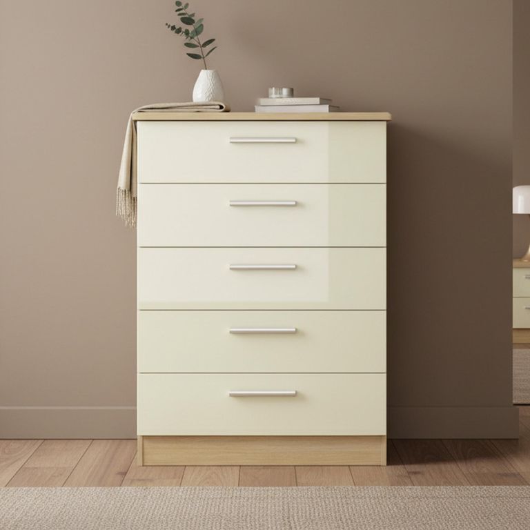 Knightsbridge Chest - 5 Drawer - Cream Gloss and Light Oak