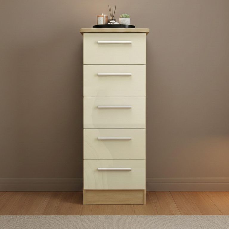 Knightsbridge Narrow Chest - 5 Drawer - Cream Gloss and Light Oak