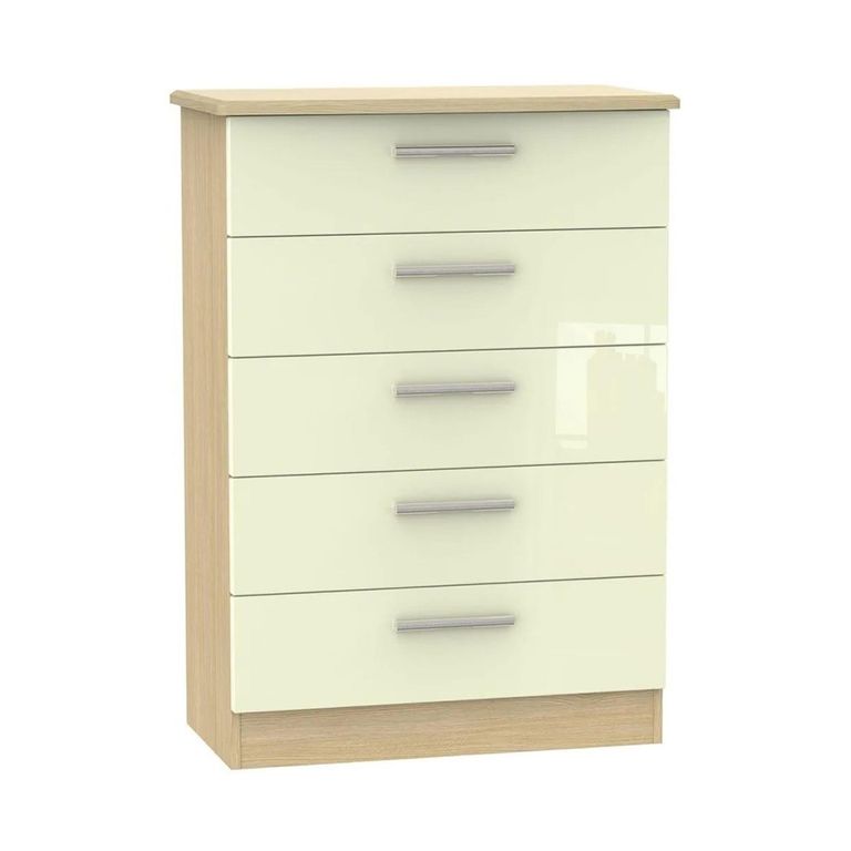 Knightsbridge Chest - 5 Drawer - Cream Gloss and Light Oak