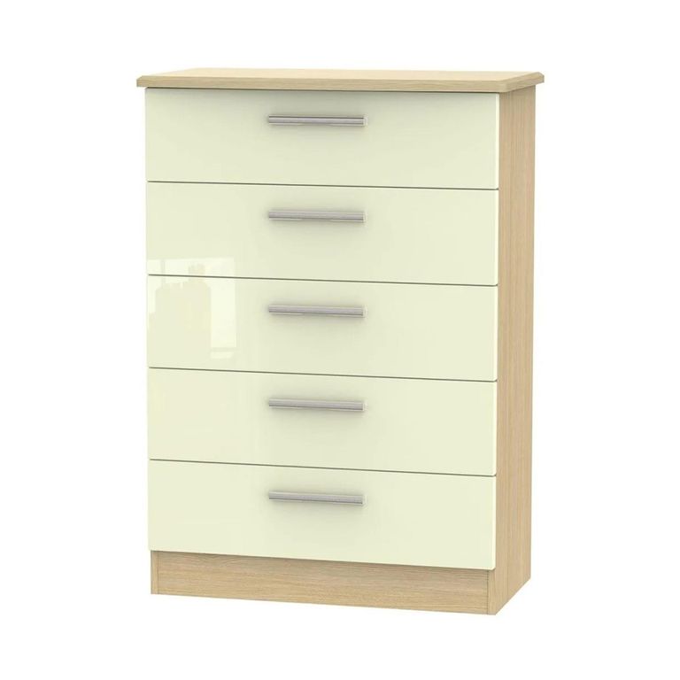 Knightsbridge Chest - 5 Drawer - Cream Gloss and Light Oak