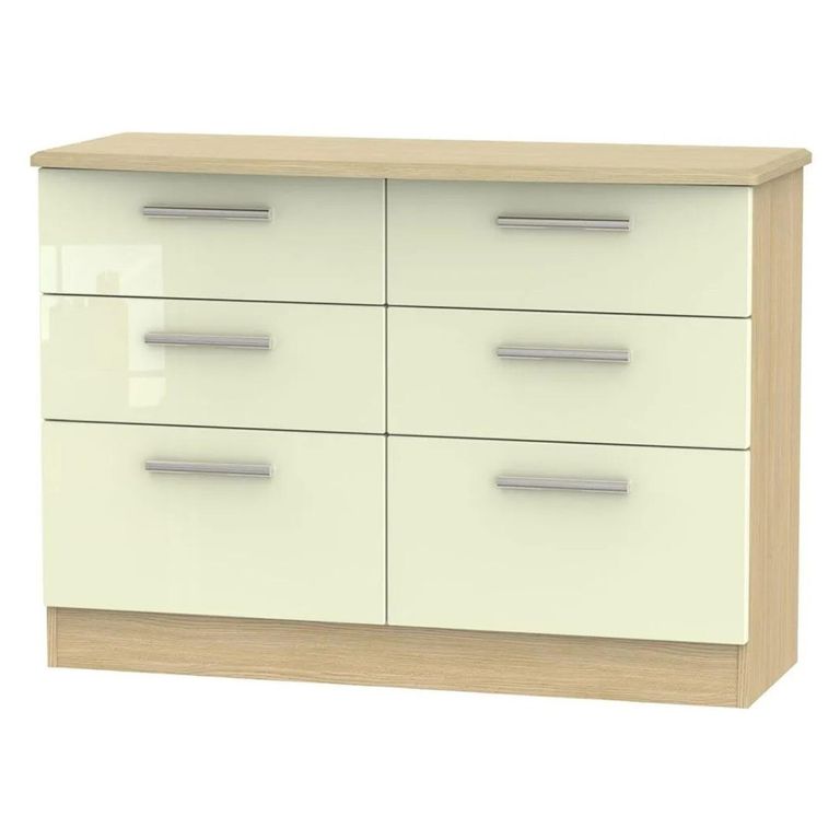 Knightsbridge Midi Chest - 6 Drawer - Cream Gloss and Light Oak