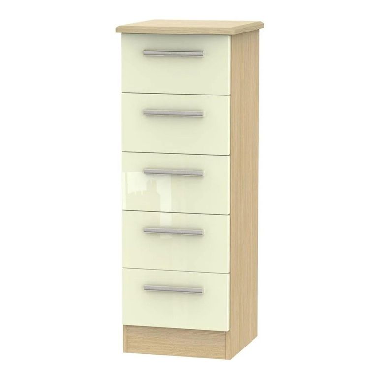 Knightsbridge Narrow Chest - 5 Drawer - Cream Gloss and Light Oak