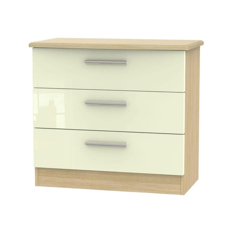 Knightsbridge Small Chest - 3 Drawer - Cream Gloss and Light Oak