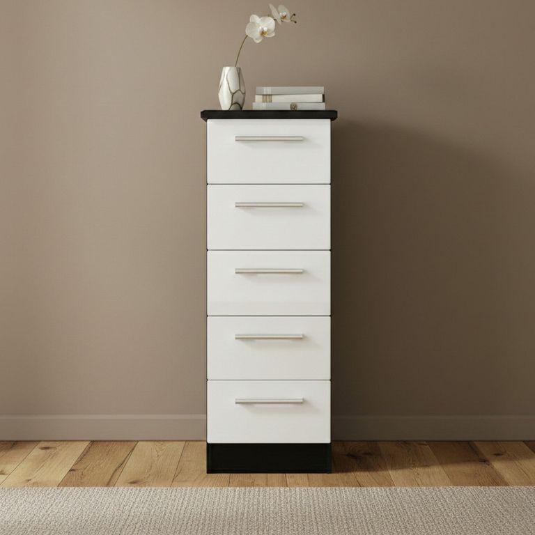 Knightsbridge Chest - Narrow - 5 Drawer - White Gloss and Black