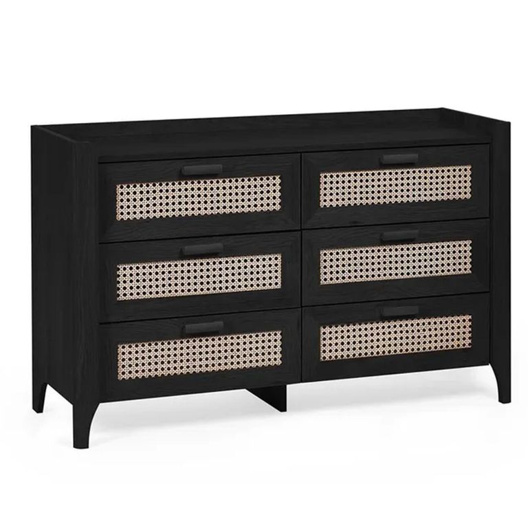 Clearance - Sydney Chest of Drawers - 6 Drawer - Wide - Black and Faux Rattan - FSS16513