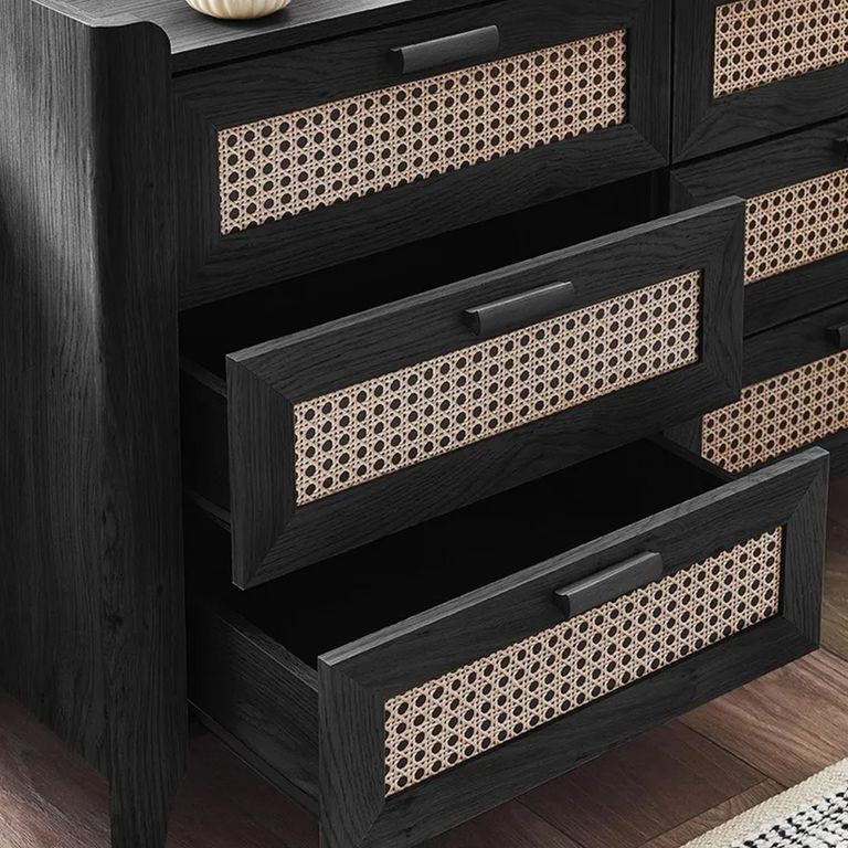 Clearance - Sydney Chest of Drawers - 6 Drawer - Wide - Black and Faux Rattan - FSS16513