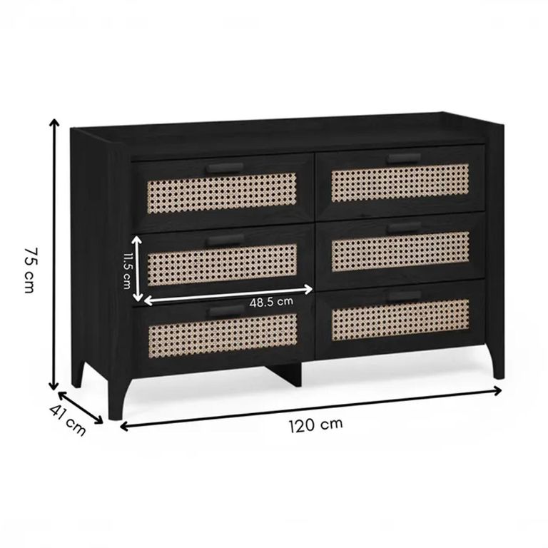 Clearance - Sydney Chest of Drawers - 6 Drawer - Wide - Black and Faux Rattan - FSS16513