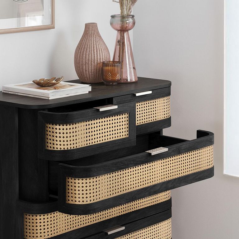 Noah Chest - 2+3 Drawer - Black and Rattan