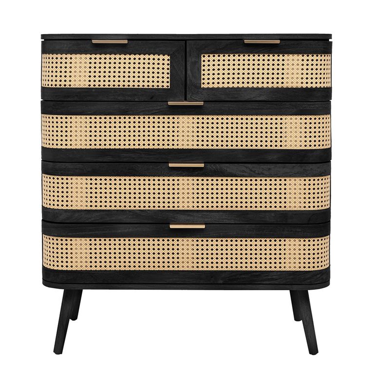 Noah Chest - 2+3 Drawer - Black and Rattan
