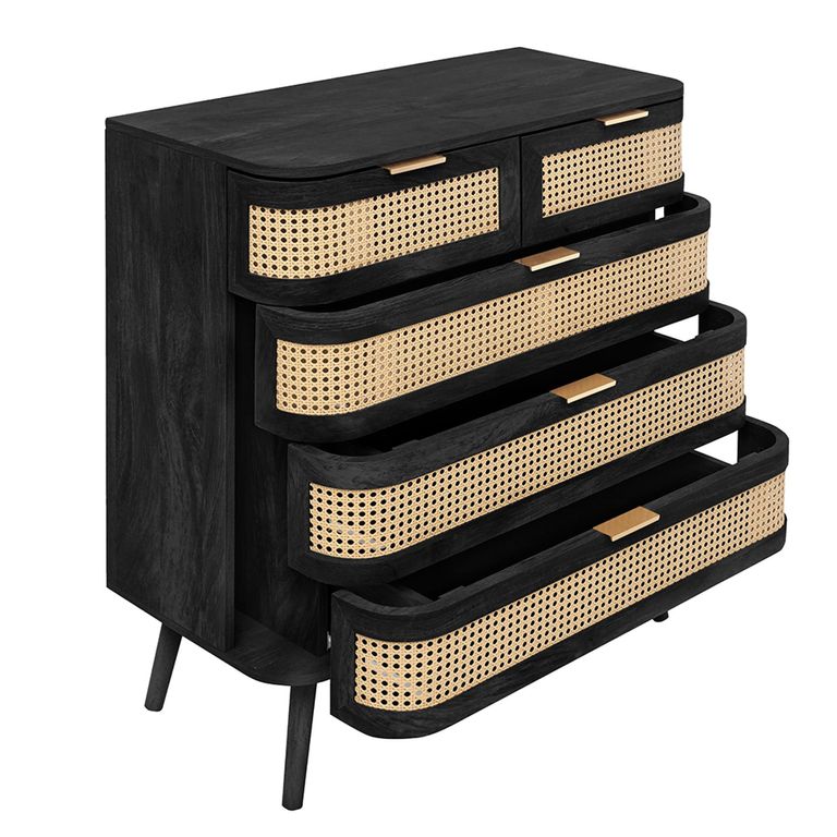 Noah Chest - 2+3 Drawer - Black and Rattan