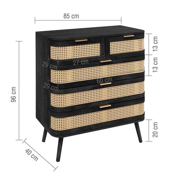 Noah Chest - 2+3 Drawer - Black and Rattan