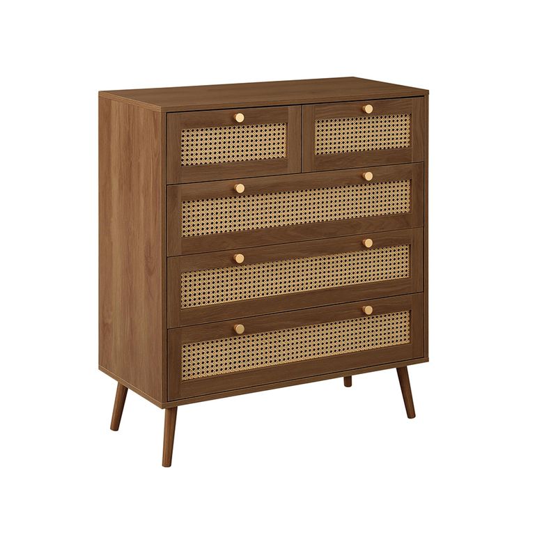 Croxley Chest - 2+3 Drawer - Walnut and Rattan