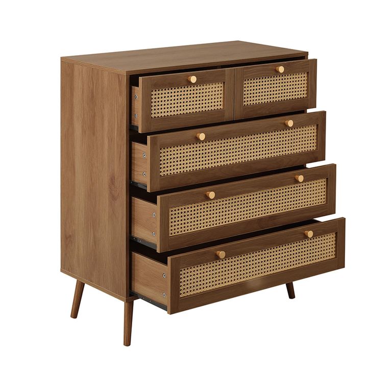 Croxley Chest - 2+3 Drawer - Walnut and Rattan