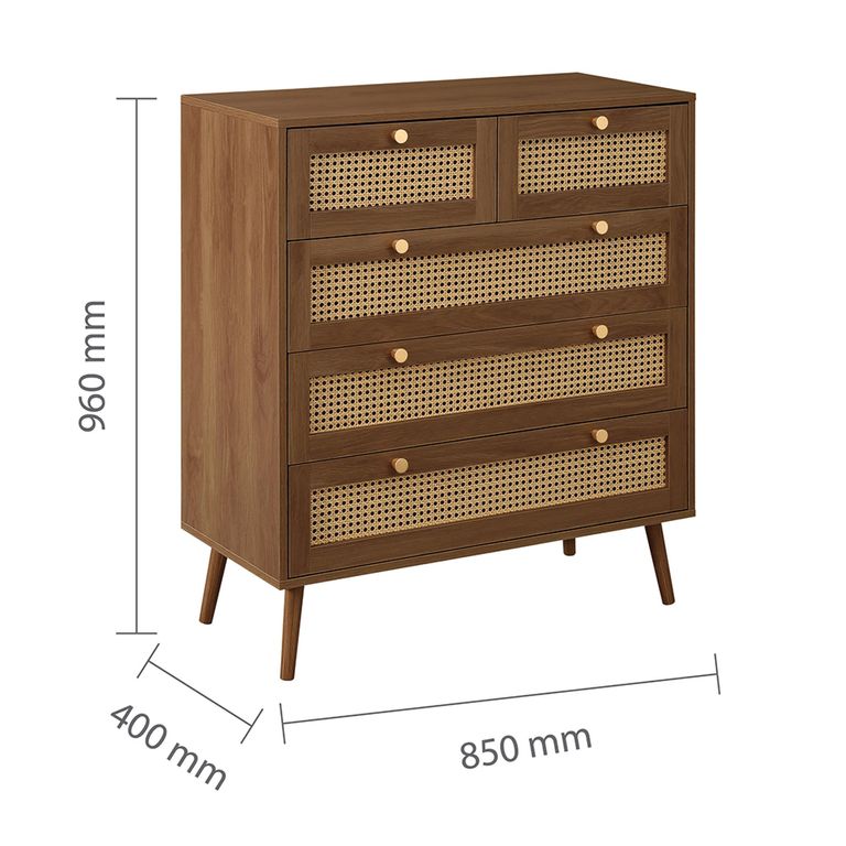 Croxley Chest - 2+3 Drawer - Walnut and Rattan