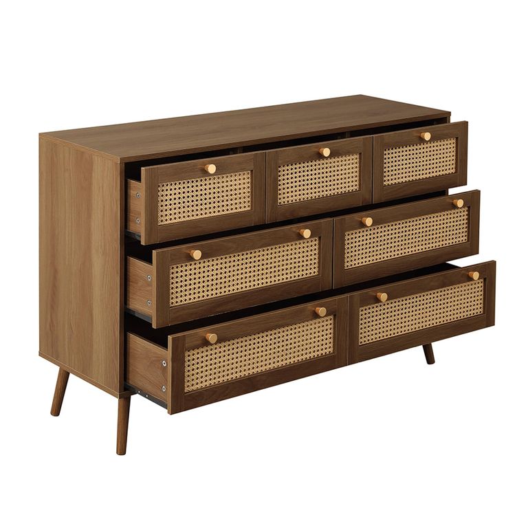 Croxley Wide Chest - 7 Drawer - Walnut and Rattan