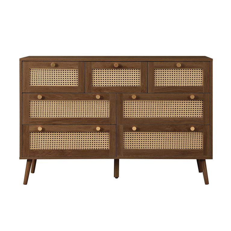 Croxley Wide Chest - 7 Drawer - Walnut and Rattan